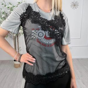 Vicolo T-shirt Donna con Pizzo Removibile Nero